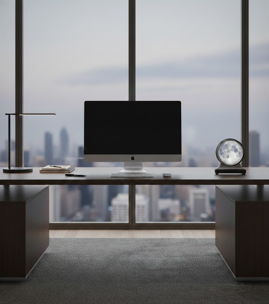 Moon Clock displayed on executive desk with monitor